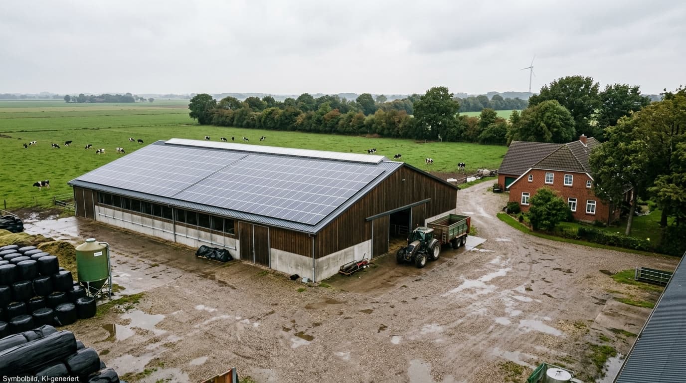 Stock image, AI-generated: agricultural operation with a PV system on the barn roof